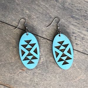 Turquoise Long Oval Wood Stained & Laser Cut Aztec Tribal Patterned Earrings